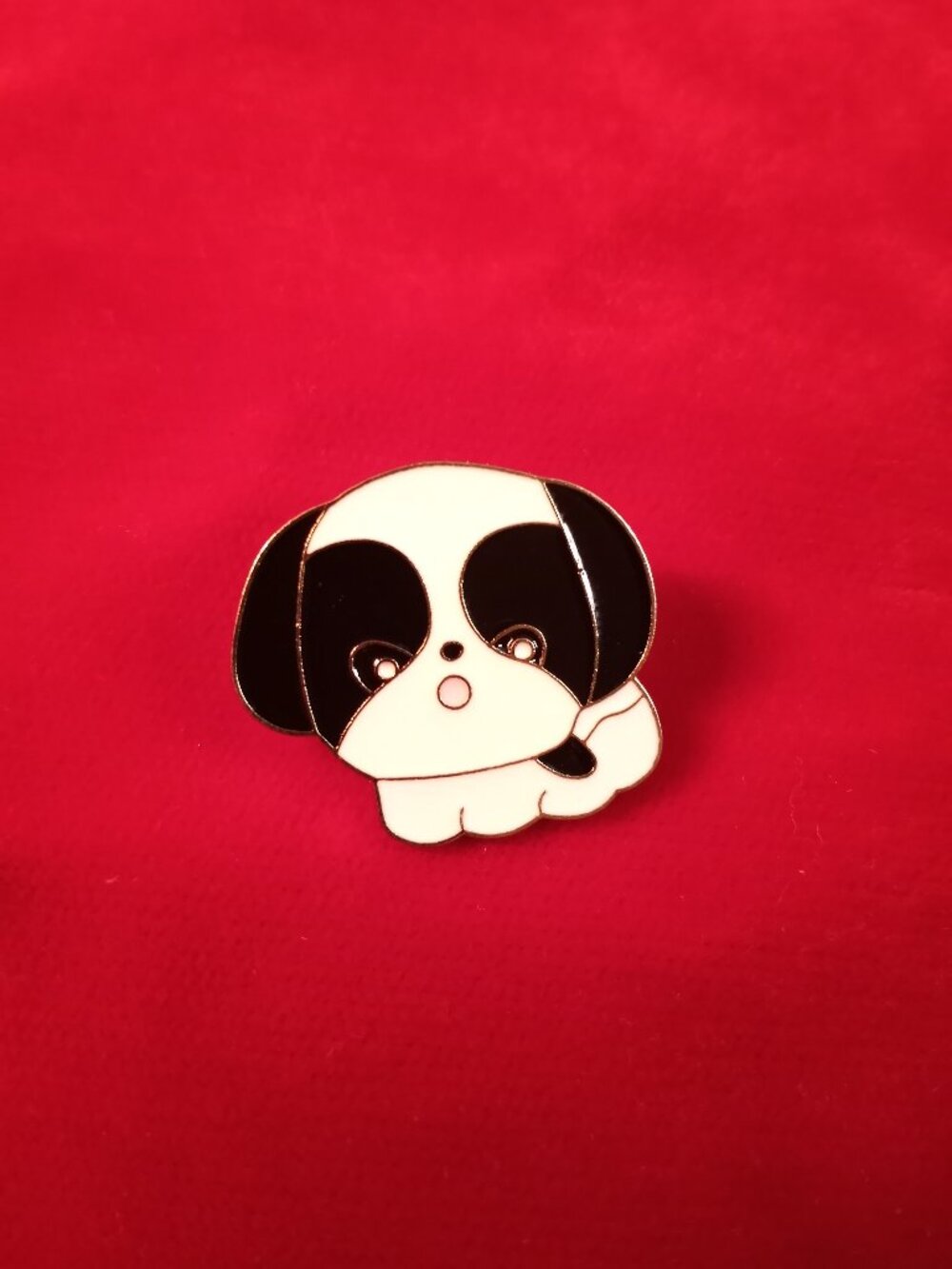 Adorable black and white puppy dog enamel pin